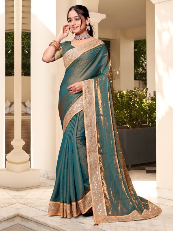 Teal Green Two Tone Silk Saree With Sequin Border