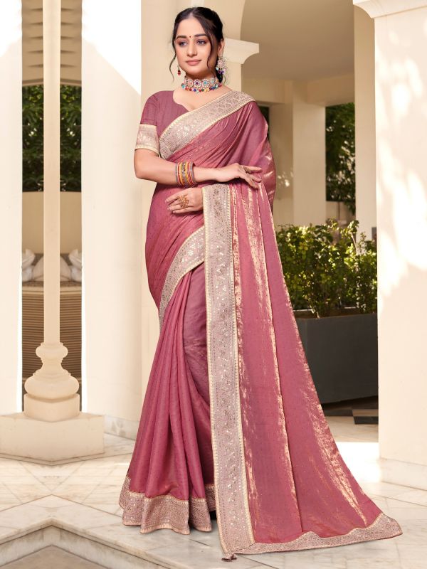 Rose Pink Silk Stone Augmented Saree In Two Tone