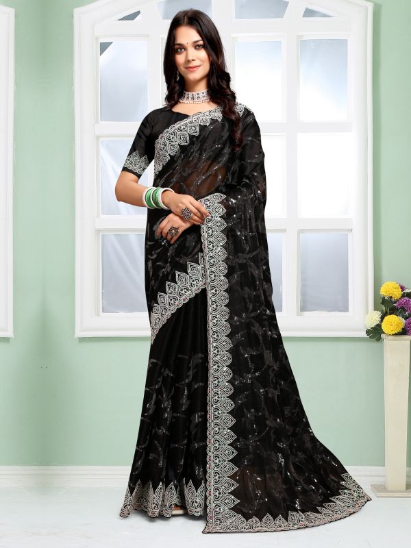 Black Sequins Work Festive Saree With Blouse