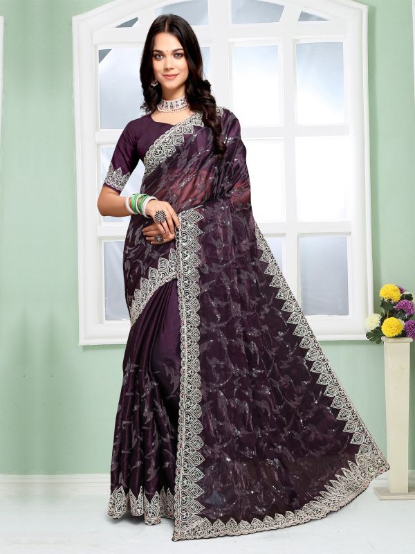 Wine Festive Wear Thread Work Saree In Organza