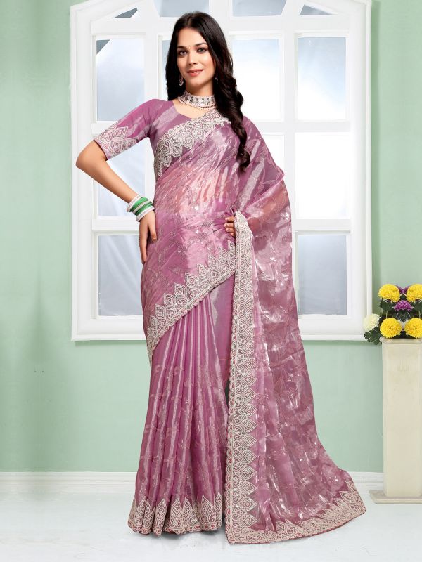 Pink Sequins Embroidered Party Saree In Organza