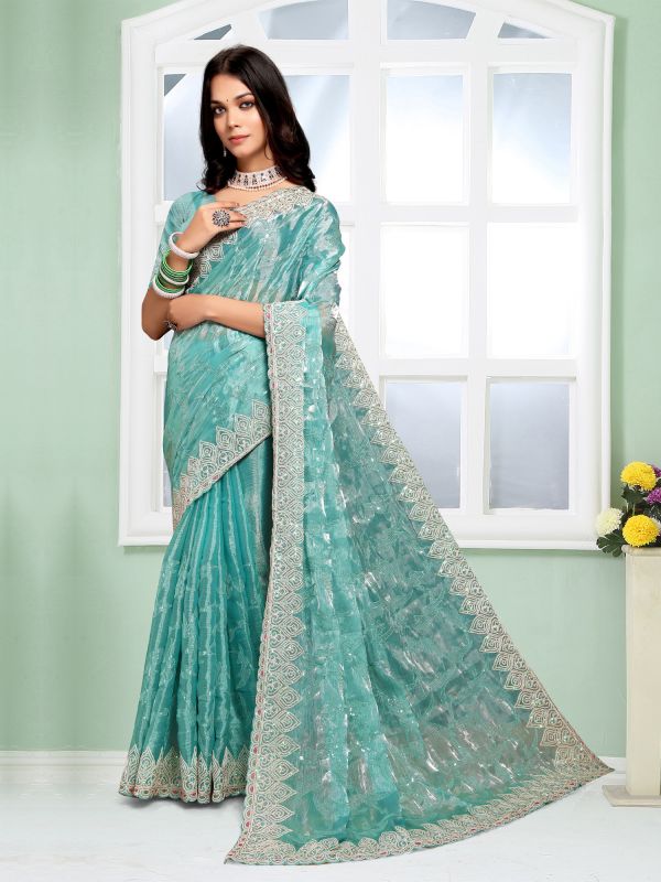 Green Sequin Embellished Party Saree In Organza