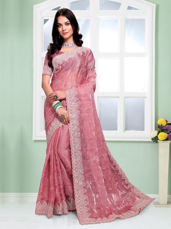 Pink Wedding Organza Saree In Sequin Embroidery