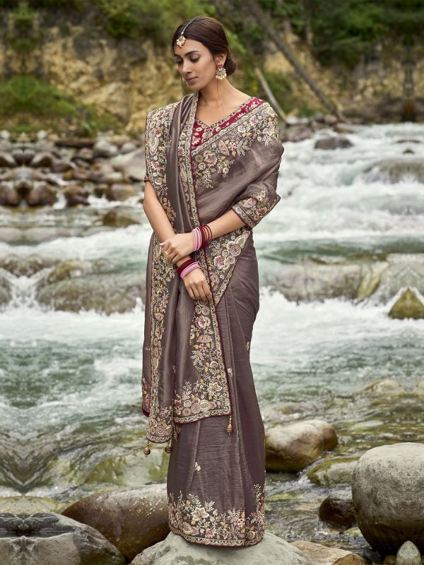 Brown Floral Sequin Embellished Saree In Silk