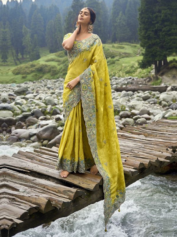 Yellow Silk Saree In Heavy Floral Embroidery