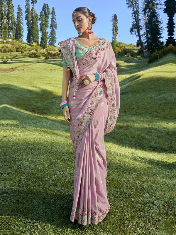 Pink Stone Embellished Wedding Saree In Silk