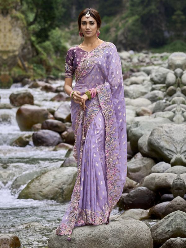 Lilac Silk Stone Embroidered Saree With Blouse