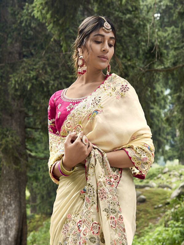 Cream Heavy Thread Embroidered Saree In Silk