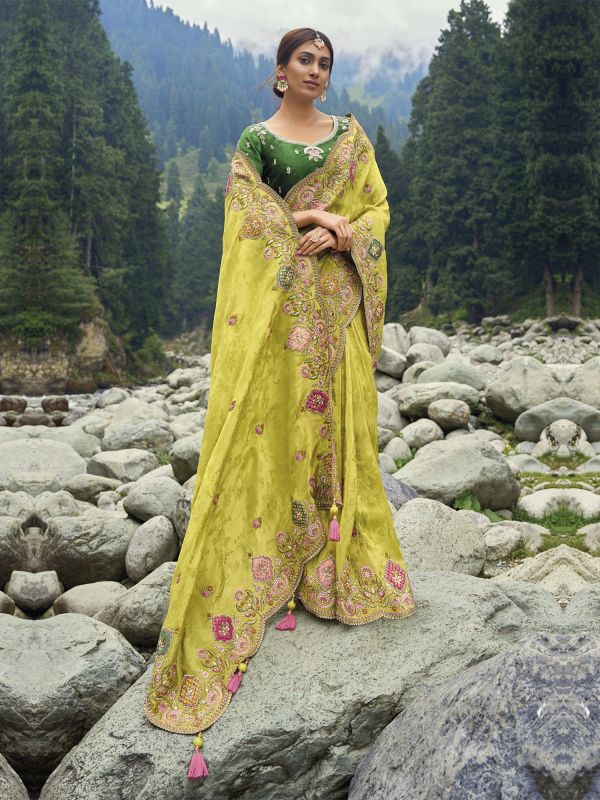 Green Stone Embellished Wedding Saree In Silk