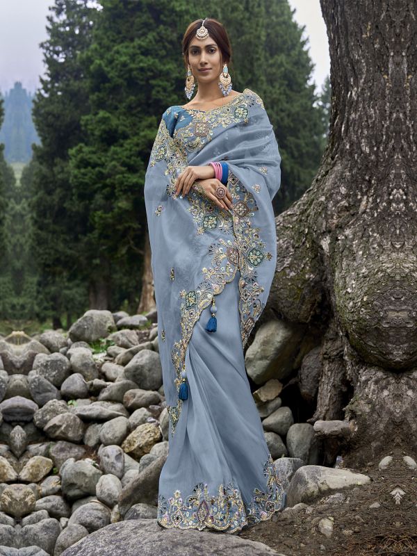 Blue Silk Saree With Thread Embroidered Blouse