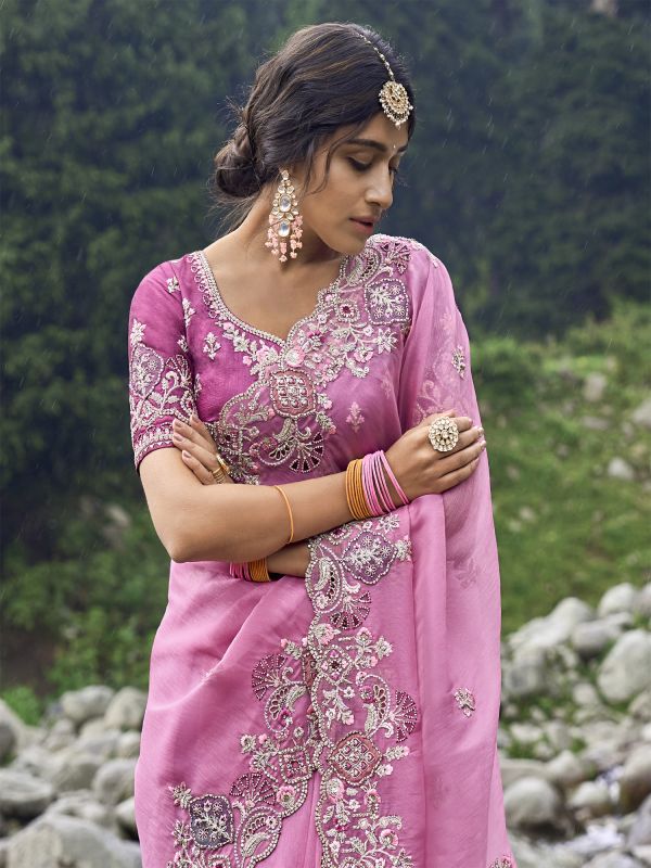 Pink Wedding Heavy Zari Embellished Silk Saree