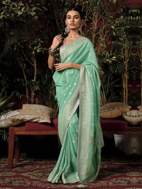 Green Floral Weaving Casual Saree In Dola Silk