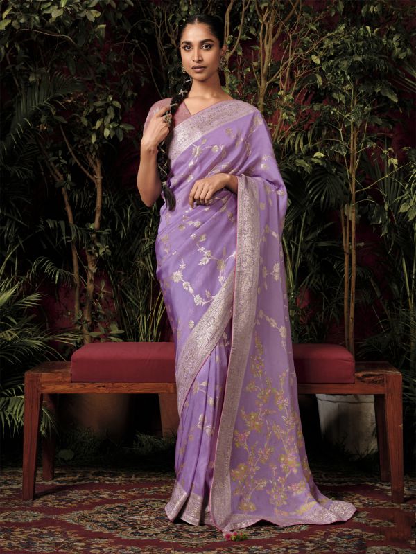 Lilac Zari Weaving Saree With Blouse In Silk