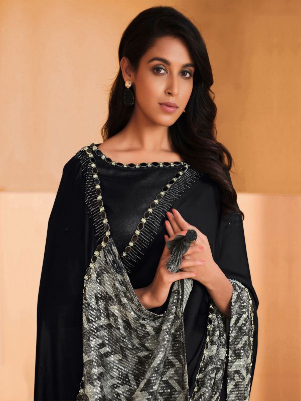 Black Party Wear Saree In Satin With Sequined Pallu