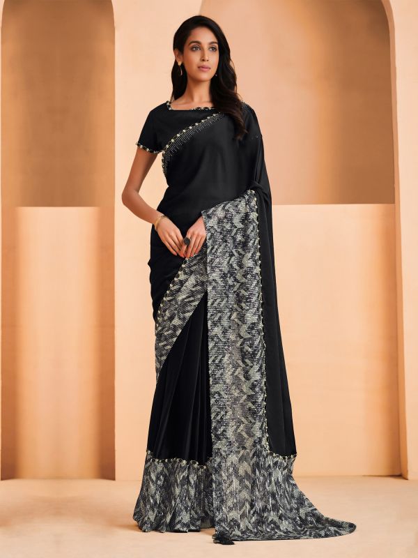 Black Party Wear Saree In Satin With Sequined Pallu