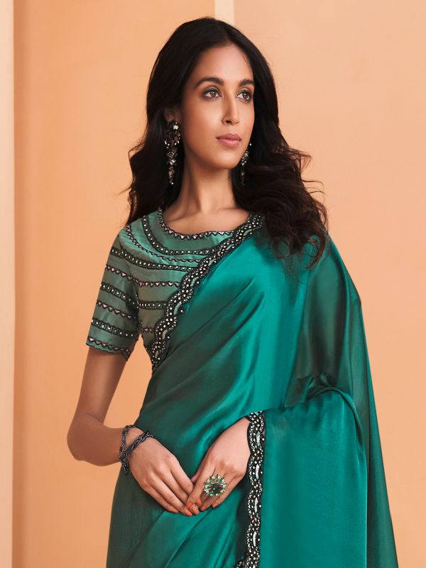 Rama Green Half and Half Sequined Augmented Saree
