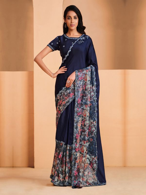 Navy Blue Bridesmaid Saree In Satin With Sequins Work