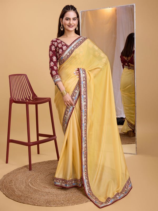 Yellow Zari Embroidered Border Saree In Silk