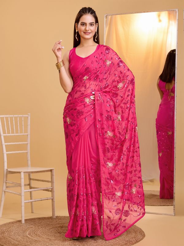 Pink Sequins Work Silk Saree With Blouse