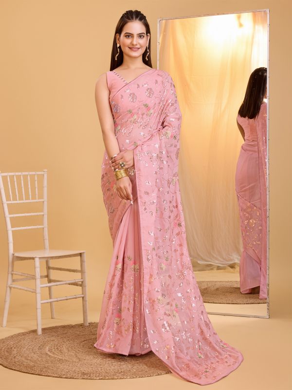 Pink Sequins Embellished Saree In Organza Silk