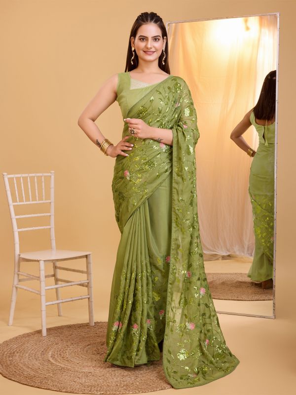 Green Floral Thread Embroidered Saree In Silk