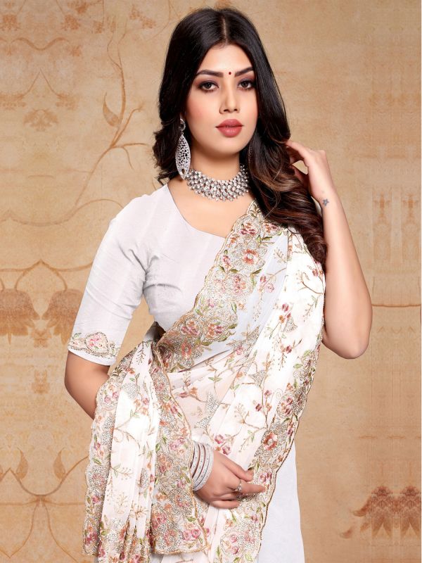 White Stone Embellished Saree In Georgette