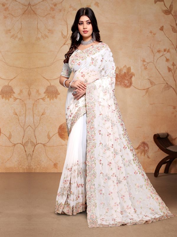 White Stone Embellished Saree In Georgette