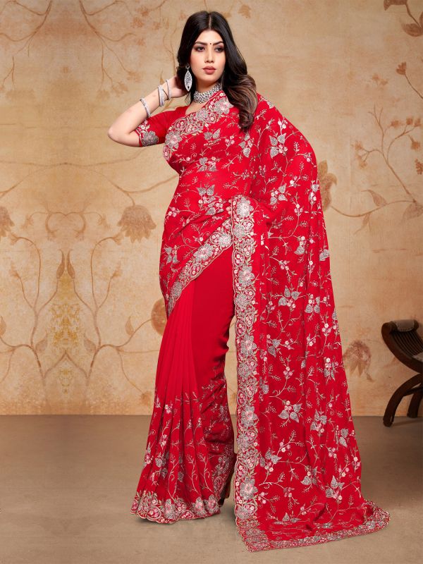 Red Floral Embroidered Border Saree In Georgette