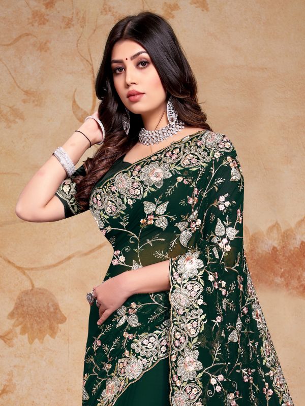 Green Thread Embroidered Festive Saree In Georgette