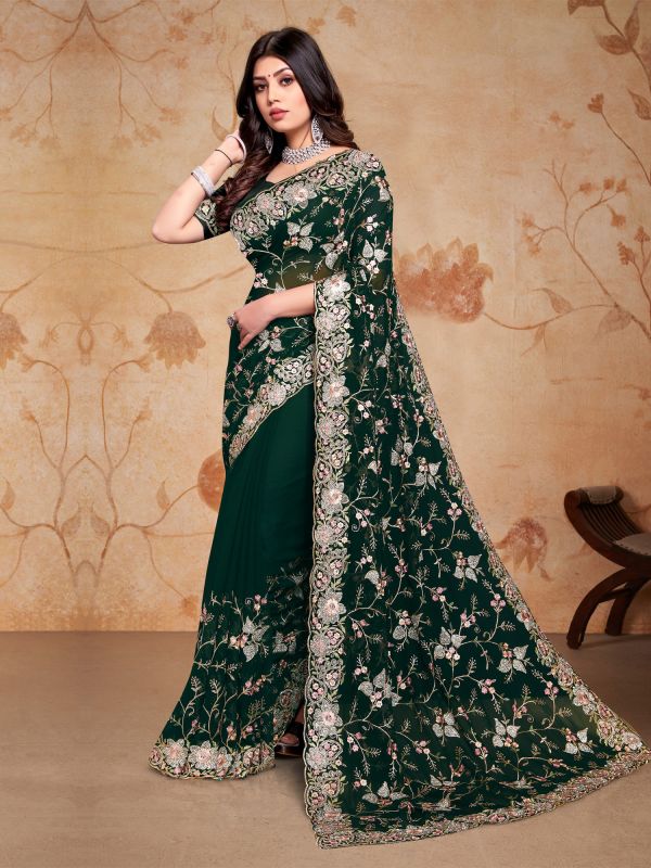 Green Thread Embroidered Festive Saree In Georgette