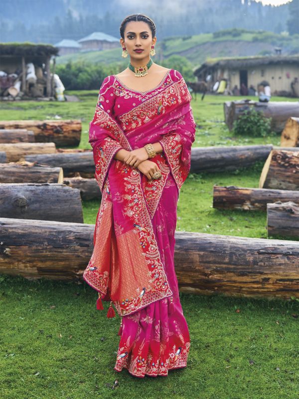 Pink Heavy Floral Zari Embroidered Wedding Silk Saree