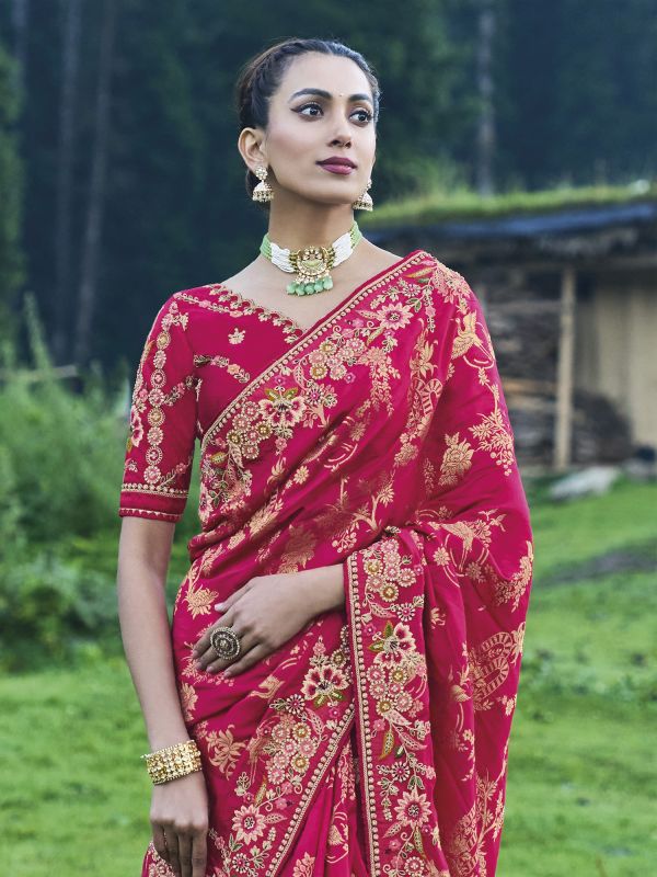 Cherry Red Bridal Wear Stone Embroidered Saree In Dola Silk