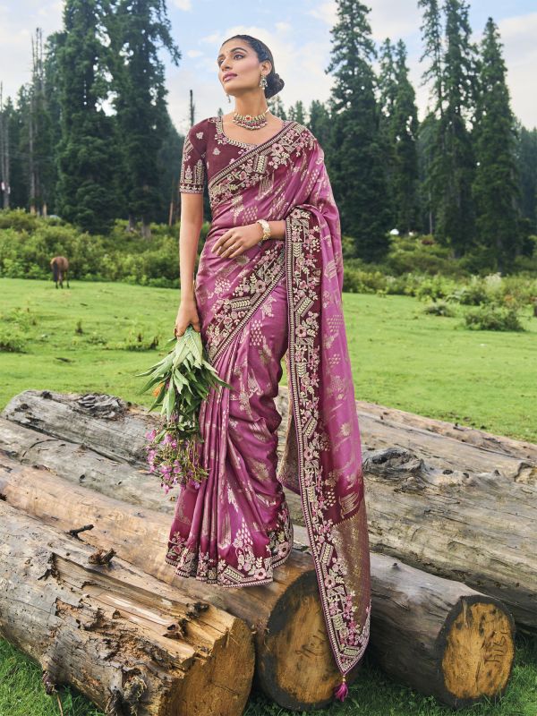 Mauve Purple Floral Thread Embroidered Saree In Dola Silk