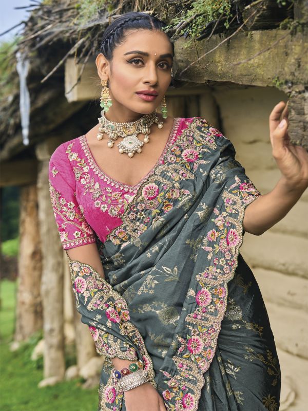 Deep Grey Dola Silk Weaving Saree In Floral Embroidery