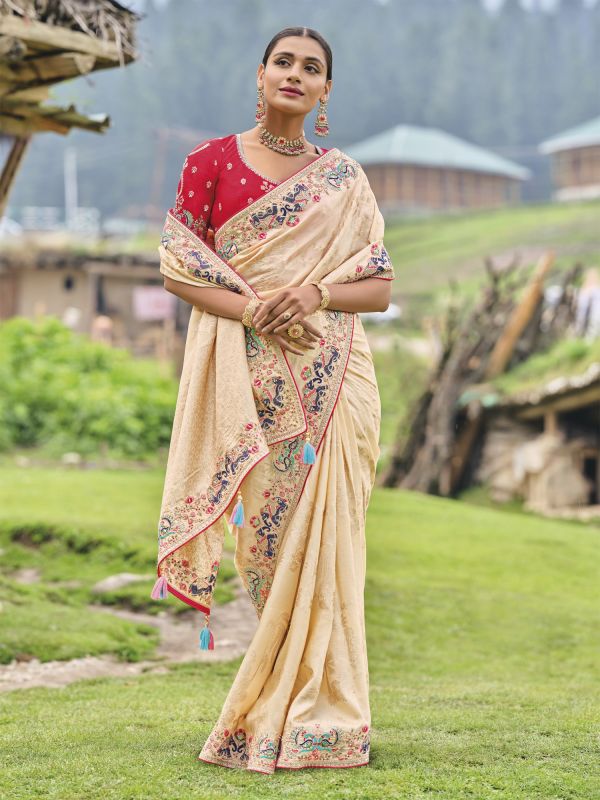 Pastel Cream Silk Weaving Saree With Embroidered Border