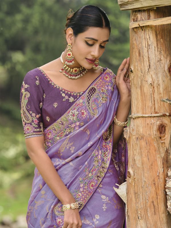 Lilac Purple Stone Augmented Saree In Dola Silk