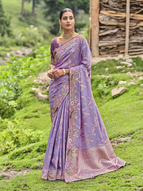 Lilac Purple Stone Augmented Saree In Dola Silk