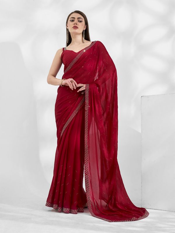 Red Stone Work Embellished Party Wear Saree