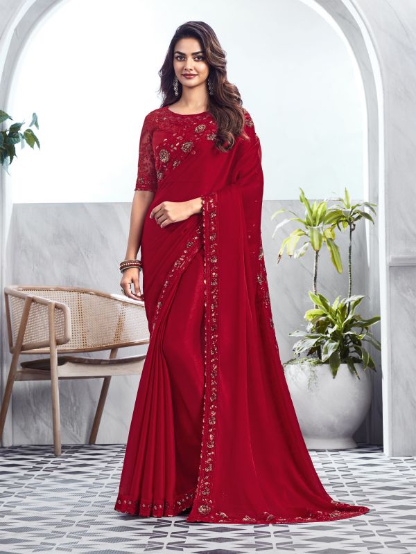 Ruby Red Sequin Embroidered Bridal Saree In Silk