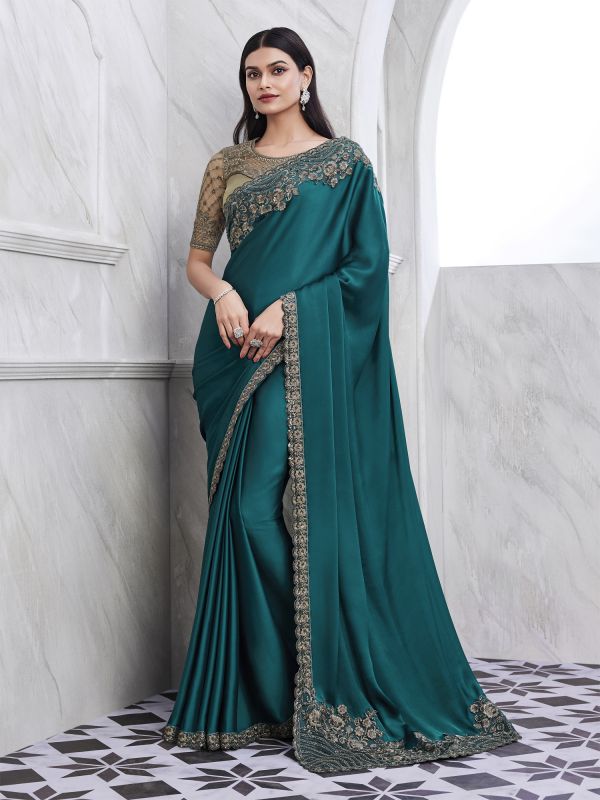 Rama Green Floral Thread Embroidery Bordered Silk Saree