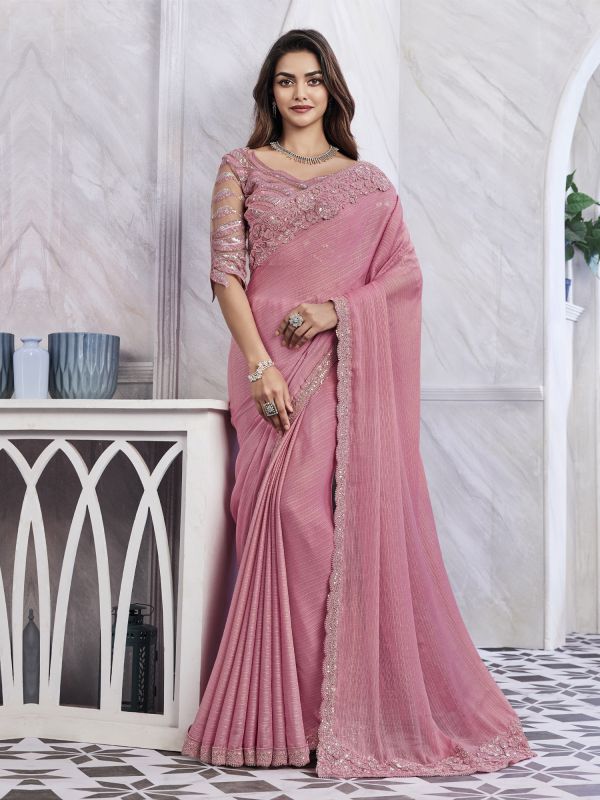 Rose Pink Party Wear Sequined Saree In Crepe Silk