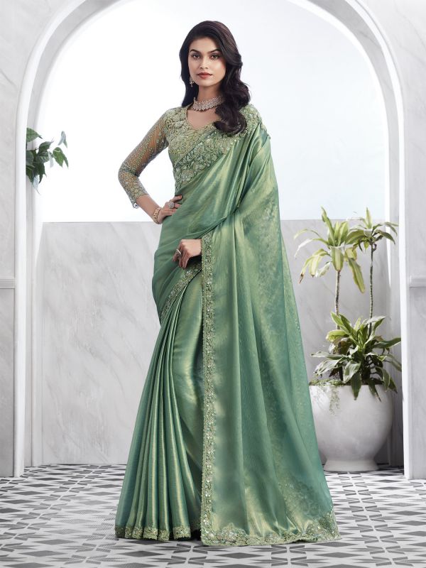 Pista Green Shimmer Silk Saree In Floral Thread Embroidery