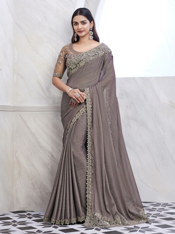 Dusty Grey Party Wear Silk Saree With Floral Border