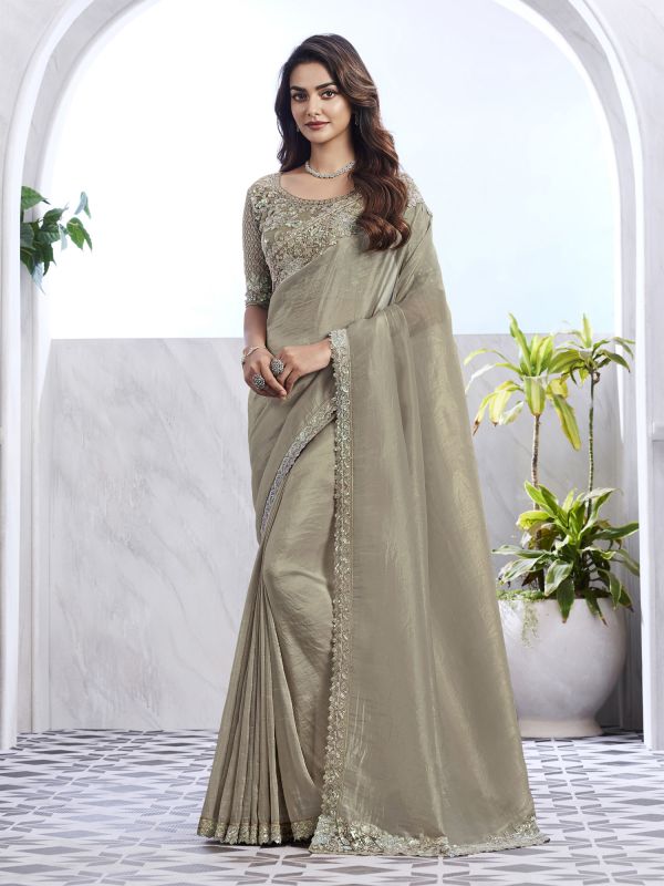 Silver Grey Stone Embroidered Party Wear Silk Saree