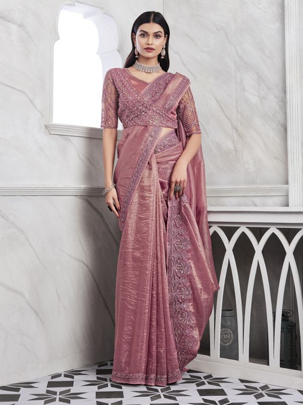 Mauve Pink Shimmer Silk Saree With Embroidered Blouse