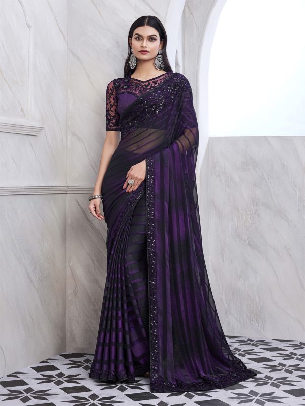 Dark Purple Thread Embroidered Bordered Saree In Silk