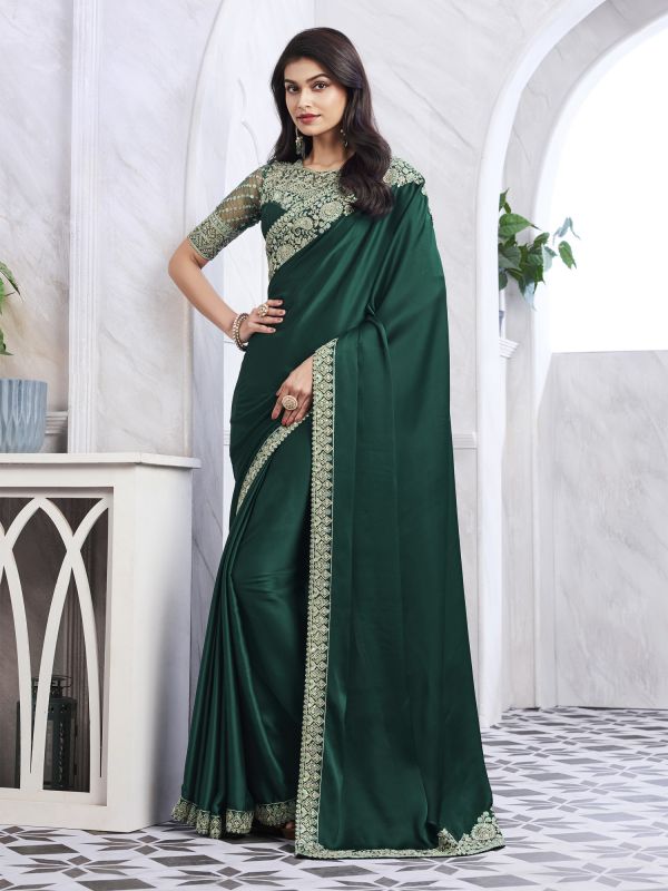 Royal Green Silk Saree In Floral Embroidery Border