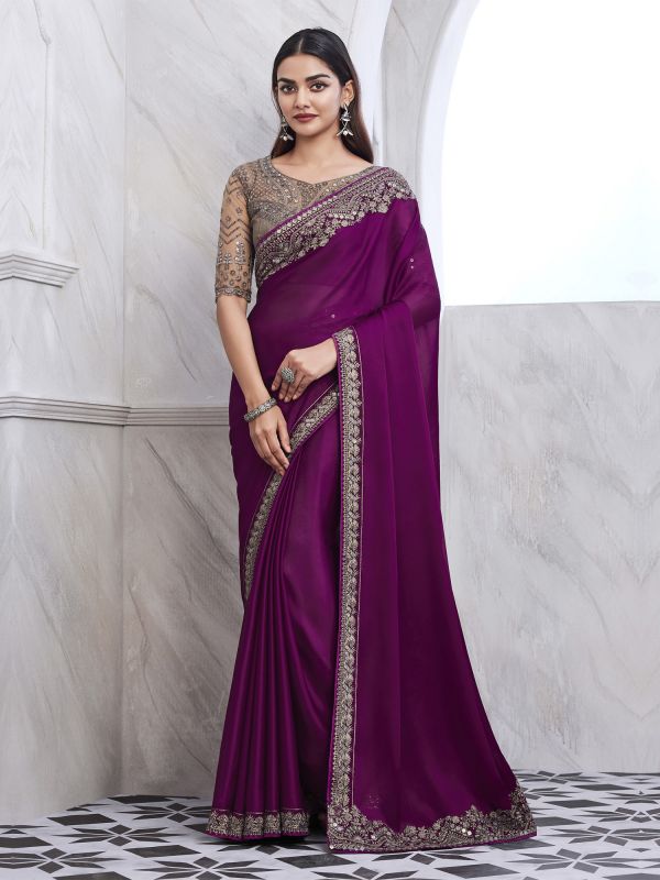 Magenta Zari Embellished Party Wear Saree In Silk