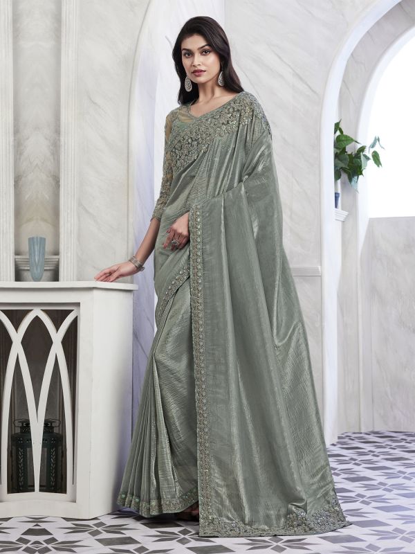 Sage Green Sequin Embroidered Saree In Shimmer Silk