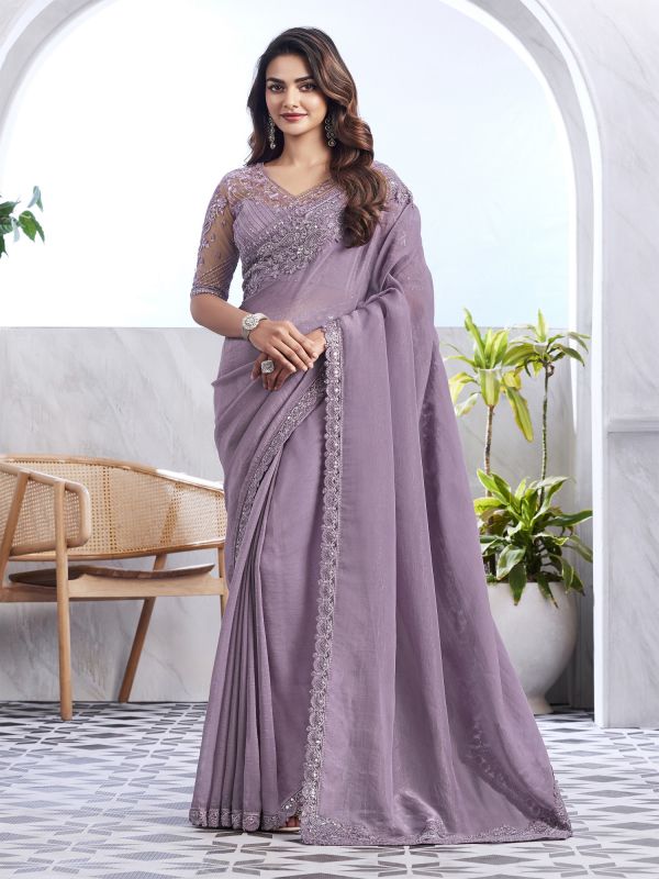 Lilac Party Wear Shimmer Silk Saree In Sequin Embroidery